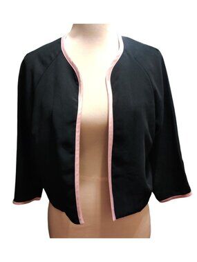 Karin Stevens Jacket Size 12 Cropped Black Pink Trim 3/4 Sleeve Minimal Chic